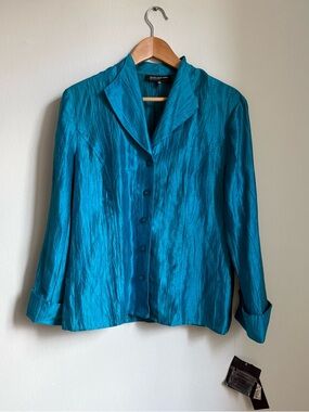 New Jones New York Collection Jacket Size 8 Teal Linen Turquoise Open Collar
